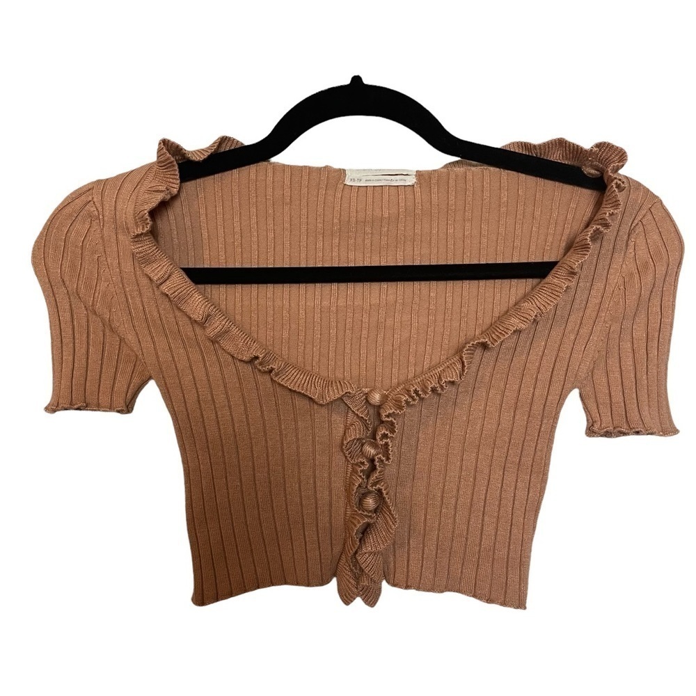 Urban Outfitters Tan Ribbed and Ruffled Super Cropped Short Sleeve Top Sz XS